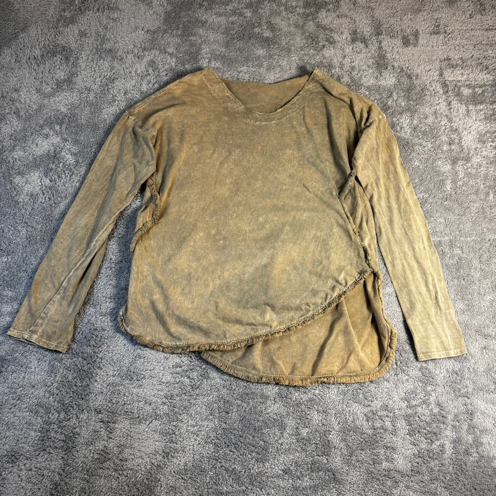 Acid Wash Long Sleeve Deconstructed Frayed Hem Top Earth Tone Brown Olive